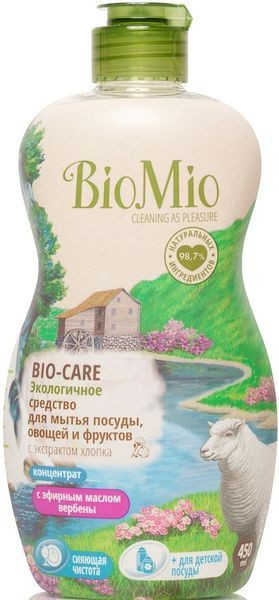 Картинка Концентрат экологичный для мытья посуды, овощей и фруктов Bio-Care с эфирным маслом вербены, экстрактом хлопка и ионами серебра BioMio, 450 мл BeautyConceptPro