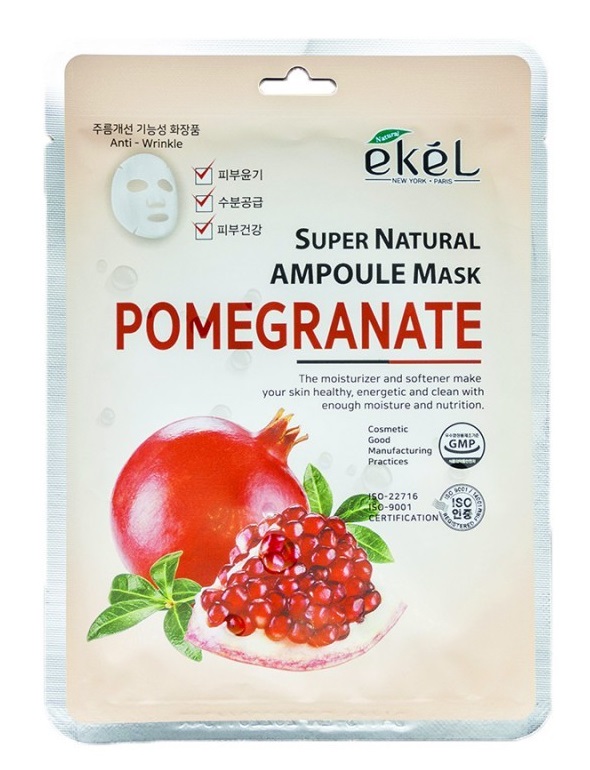 Картинка Тканевая маска с экстрактом граната Ekel Super Natural Ampoule Mask Pomegranate, 25 гр BeautyConceptPro