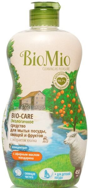 Картинка Концентрат экологичный для мытья посуды, овощей и фруктов Bio-Care с эфирным маслом мандарина, экстрактом хлопка и ионами серебра BioMio, 450 мл BeautyConceptPro