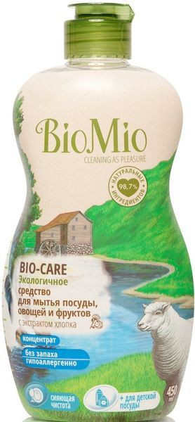 Картинка Концентрат экологичный для мытья посуды, овощей и фруктов Bio-Care с экстрактом хлопка и ионами серебра без запаха BioMio, 450 мл BeautyConceptPro