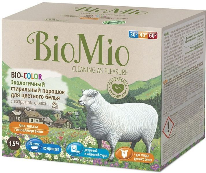Картинка Экологичный стиральный порошок для цветного белья Bio-Color концентрат с экстрактом хлопка без запаха BioMio, 1.5 кг BeautyConceptPro