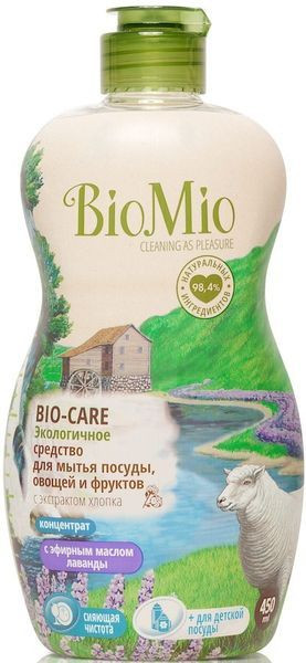 Картинка Концентрат экологичный для мытья посуды, овощей и фруктов Bio-Care с эфирным маслом лаванды, экстрактом хлопка и ионами серебра BioMio, 450 мл BeautyConceptPro