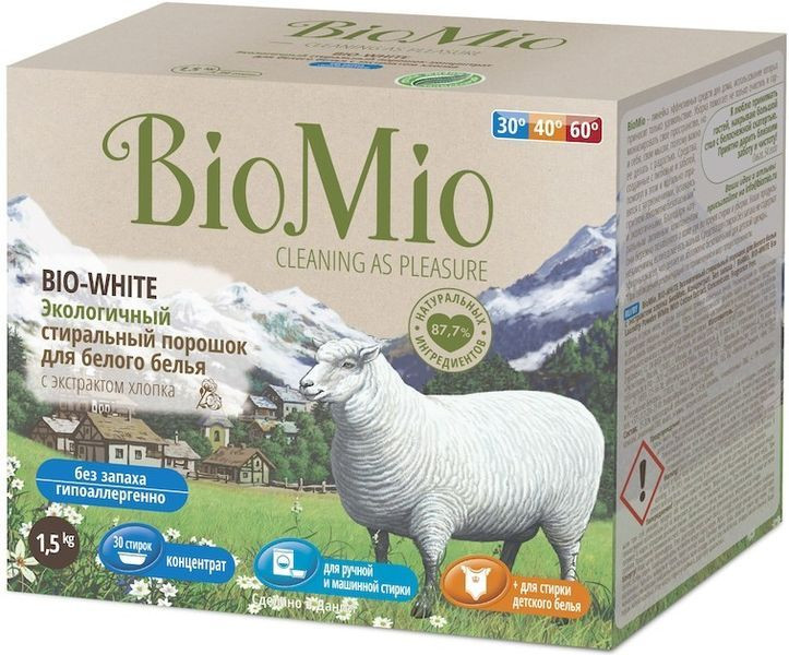 Картинка Экологичный стиральный порошок для белого белья Bio-White концентрат с экстрактом хлопка без запаха BioMio, 1.5 кг BeautyConceptPro