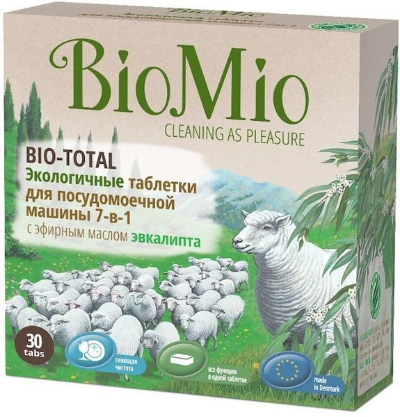 Картинка Экологичные таблетки для посудомоечной машины Bio-Total с эфирным маслом эвкалипта и экстрактом хлопка BioMio, 30шт BeautyConceptPro